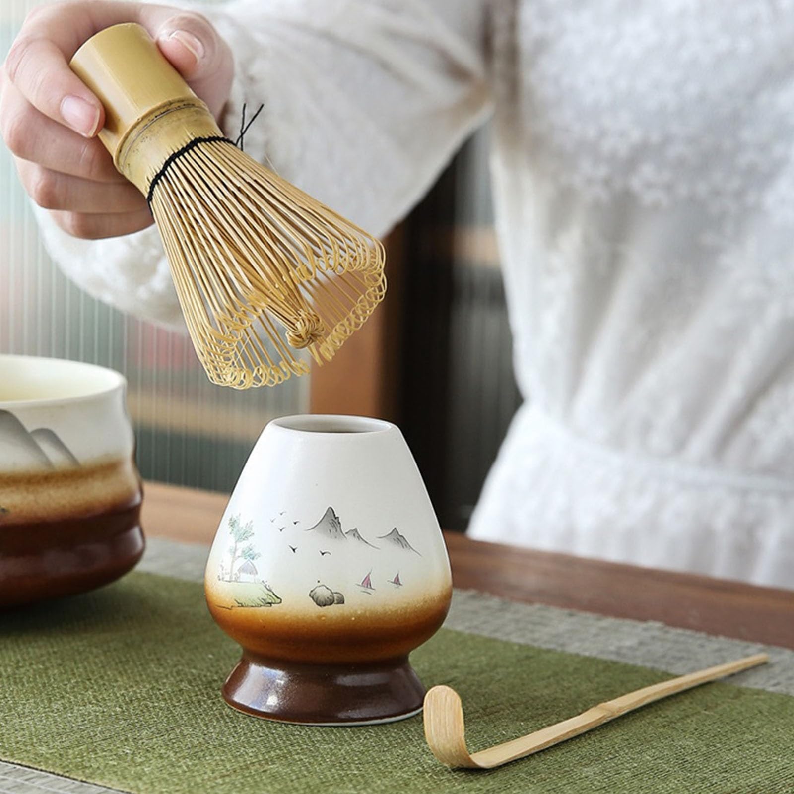 Ensemble de 4 Pièces Matcha Kit Fabrication Artisanale Convient Aux Amis Qui Aiment La Cérémonie du Thé Cuillere Matcha(Brown)