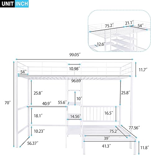 Miniatura 143 de Litera en forma de L individual sobre cama matrimonial adjunta, litera triple de metal con escritorio y tobogán integrados, marco de literas de
