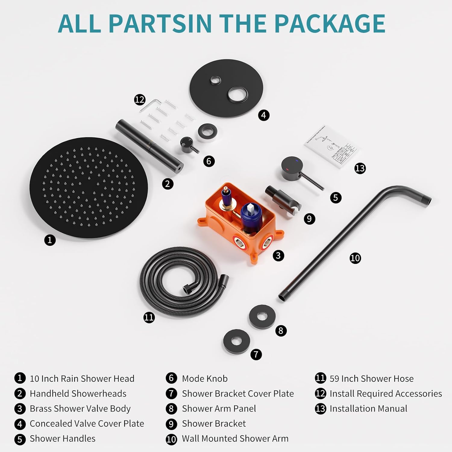 Shower Faucet Set,10-Inch Round Rainfall Showerhead with Dual-Function Handheld Spray,Brass Shower Valve Trim Kit,Wall Mounted Round Rain Shower System (Matte black)