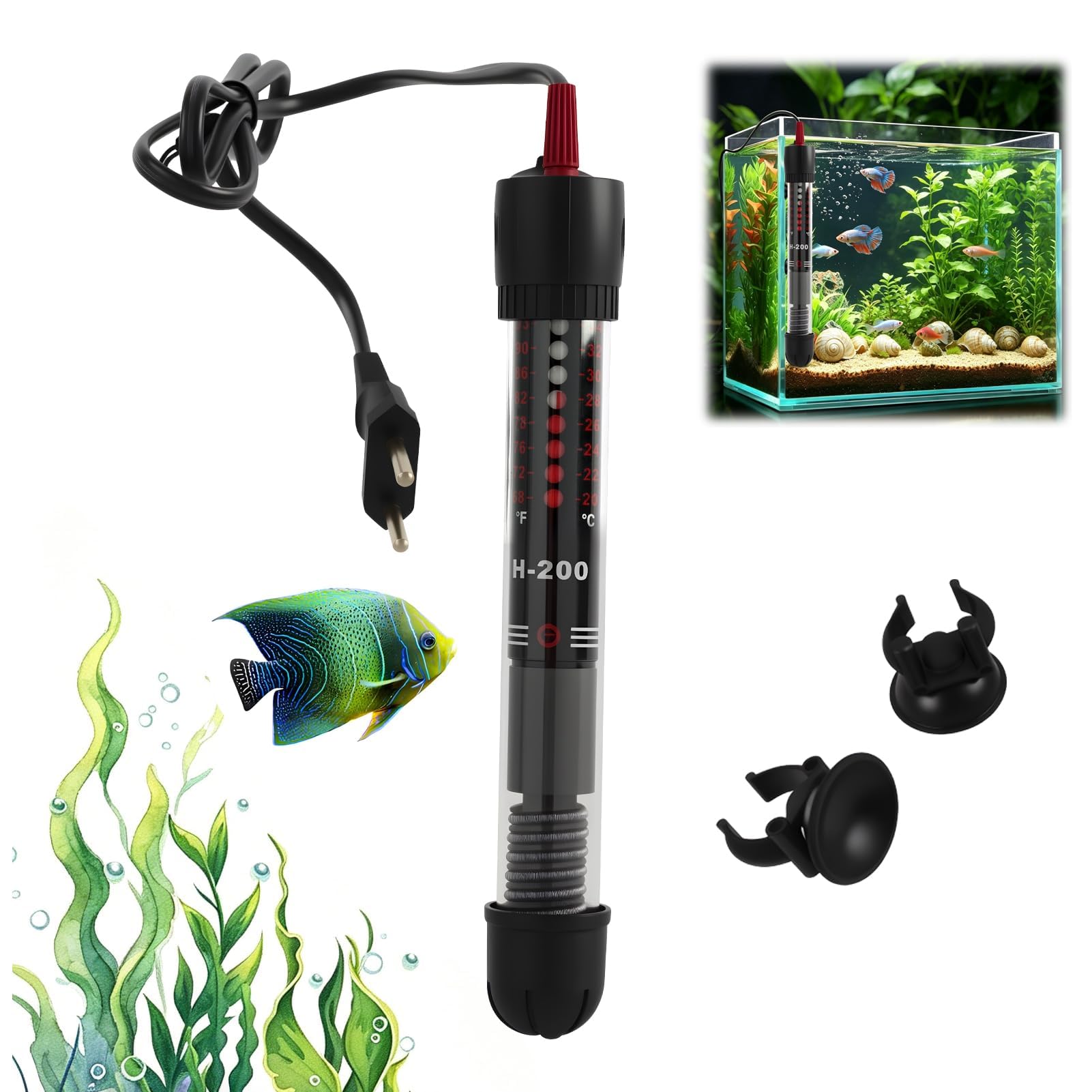 Puissant Chauffage d’Aquarium Submersible 50W avec Thermostat Réglable 20-34℃ pour Poissons et Tortues, Compact et Sécurisé avec Ventouse, Verre de Quartz Résistant pour Réservoirs 10L à 60L