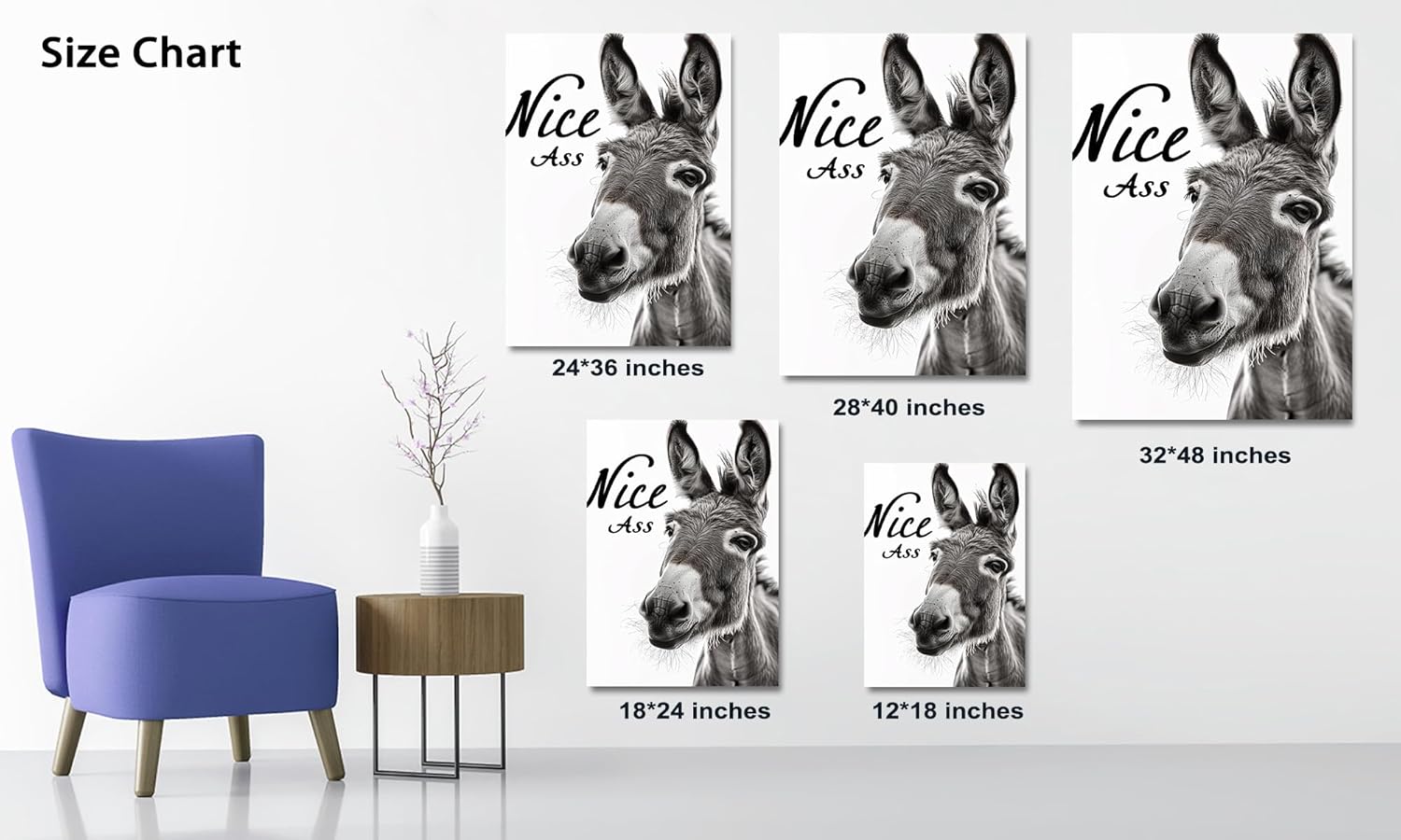 Farmhouse Bathroom Wall Art Nice Ass Picture, Funny Nice Ass Donkey Animal for Bathroom Artwork Painting Poster Wall Decor, Black and White Home Bathroom Sign Canvas Prints Wall Art Decor 12x18 Inches
