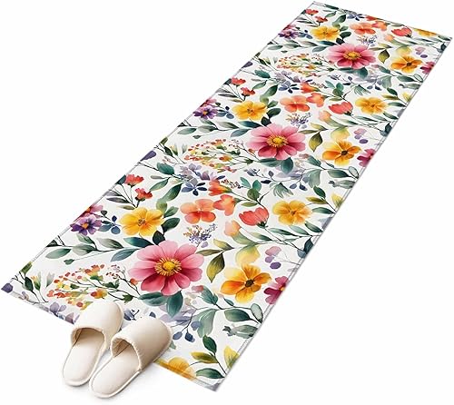 Miniatura 2 de 2x6 Kitchen Runner Rug, Retro Flower Non-Skid Rubber Backing Large Rectangle Rugs - Living Room Bedroom Home Office, Boho Country Floral Leaf Plant