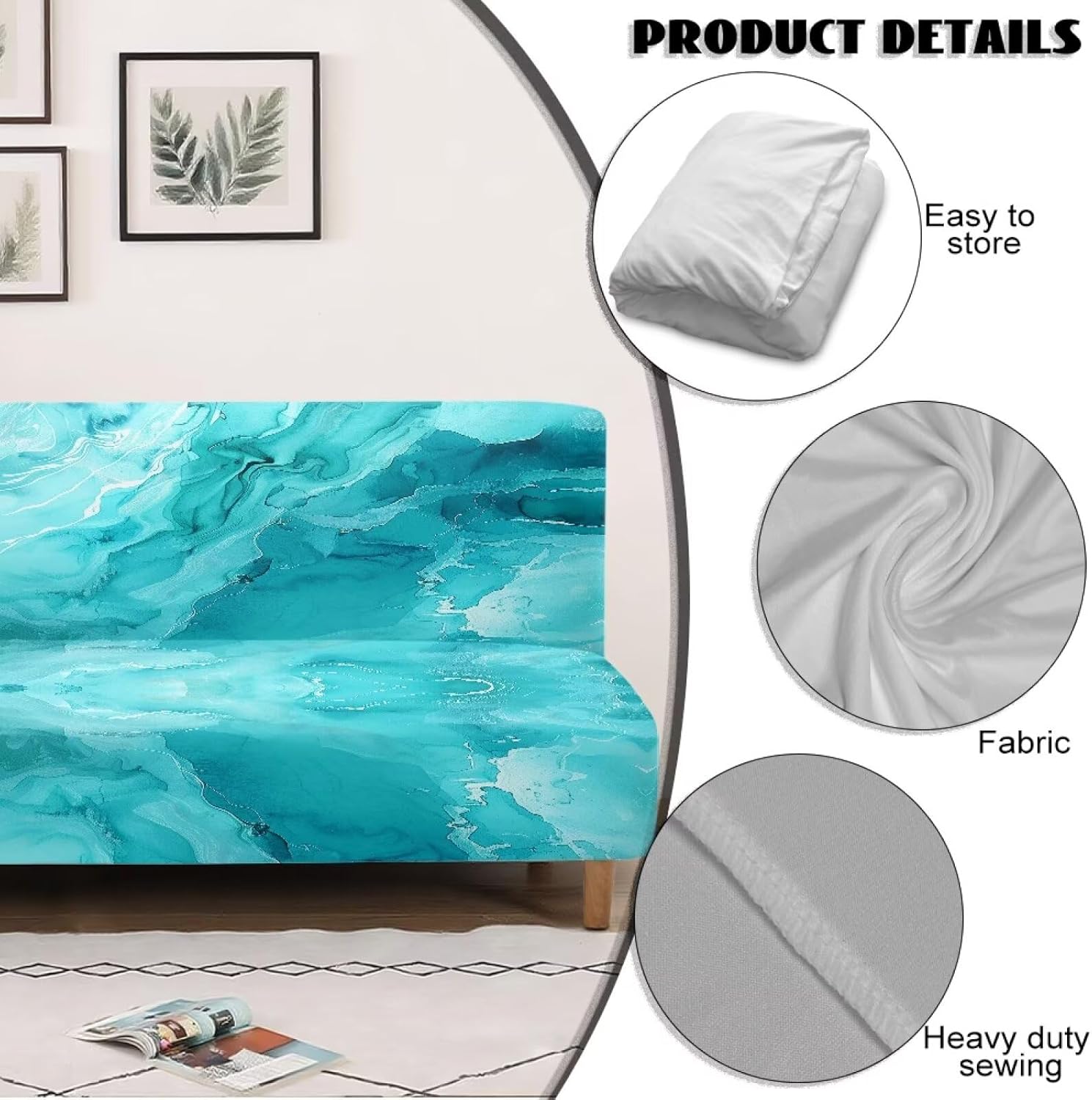 Xoenoiee Armless Sofa Slipcover Stretch Futon Cover Queen Sofa Bed Covers Washable Elastic Couch Cover Home Furniture Protector, Marble Blue