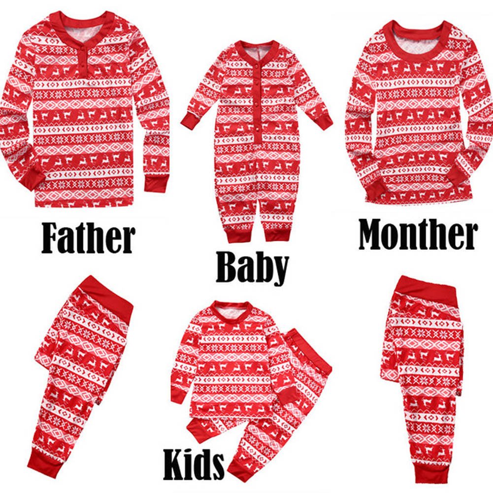 Family Matching Christmas Pajamas Set Mom Dad Kids Baby Reindeer Xmas Sleepwear Red