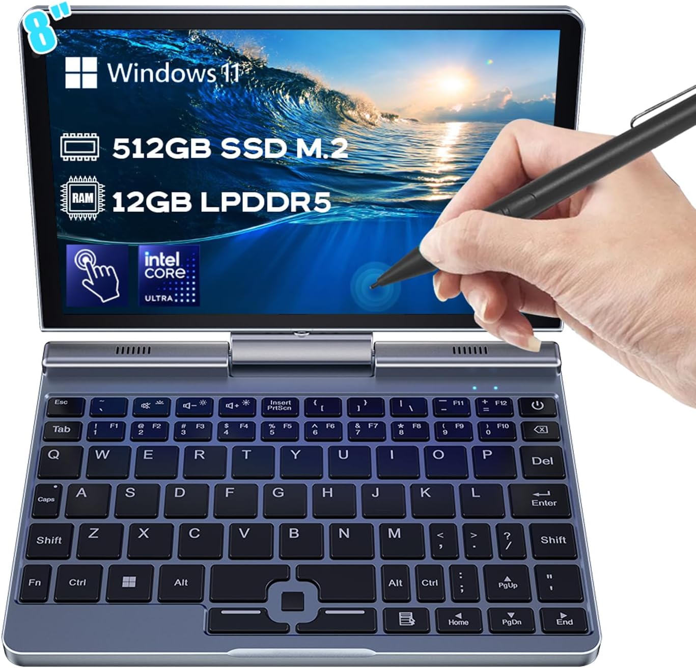 2-in-1 Mini Laptop | 8-Inch Touchscreen Portable Small Pocket Computer | Intel 12th Gen N100 Processor | 12GB DDR5 RAM 512GB SSD |PD 30W Charging | WiFi6 BT5.2 |Backlit Keyboard |Windows 11