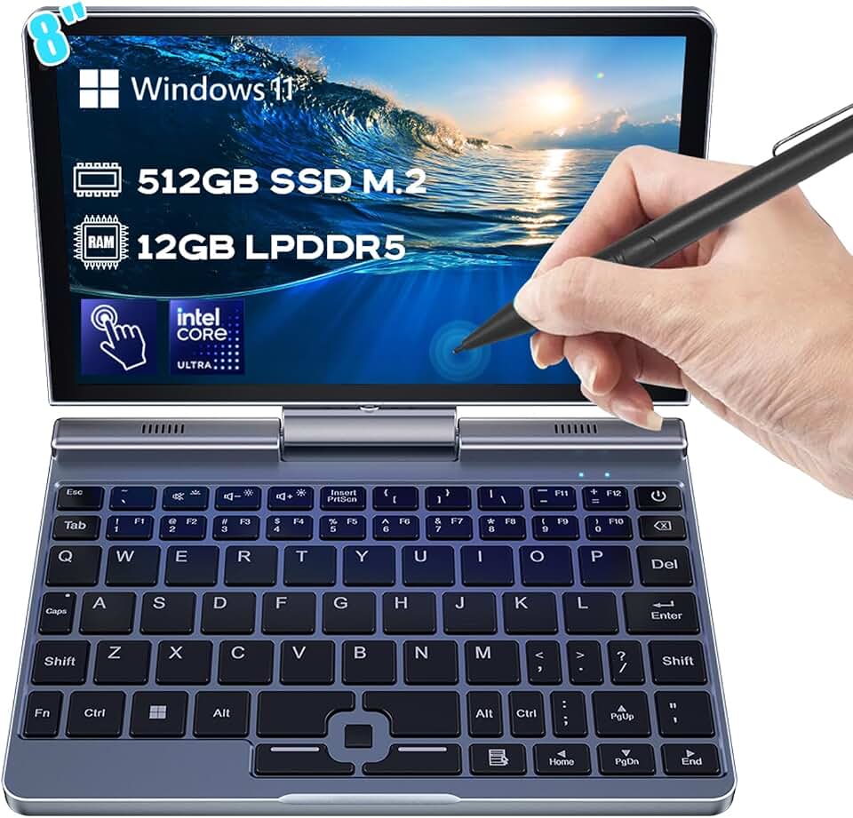 Crelander Mini laptop 2 em 1 | Computador portátil de bolso pequeno com tela sensível ao toque de 8 polegadas | Processador Intel N100 de 12 GB DDR5 RAM 512 GB SSD | Carregamento PD 30W | WiFi6 BT5.2