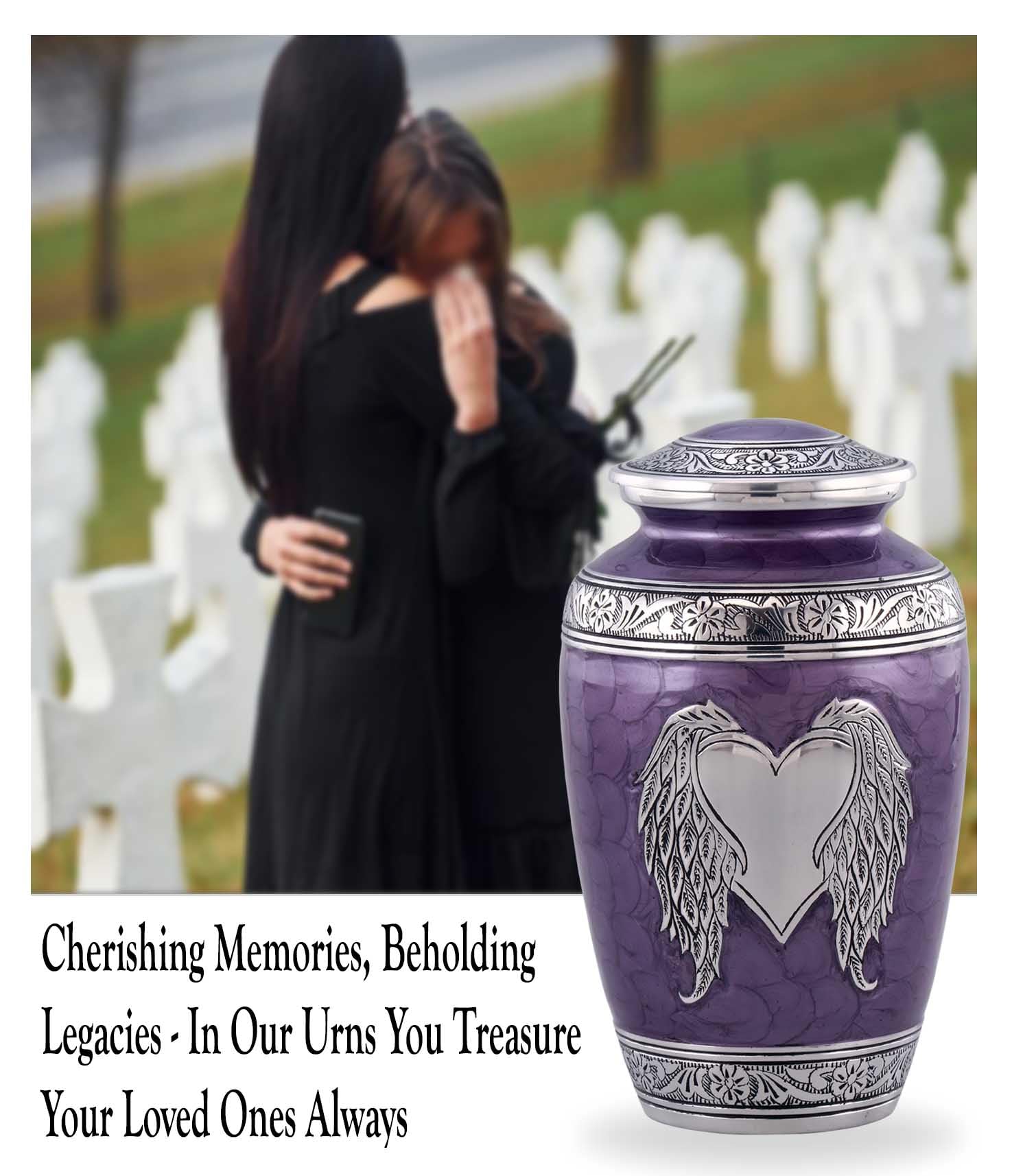 Angel Wings Cremation Urn for Ashes, Adult Size Purple Urn with Silver Heart & Wings - Image 2