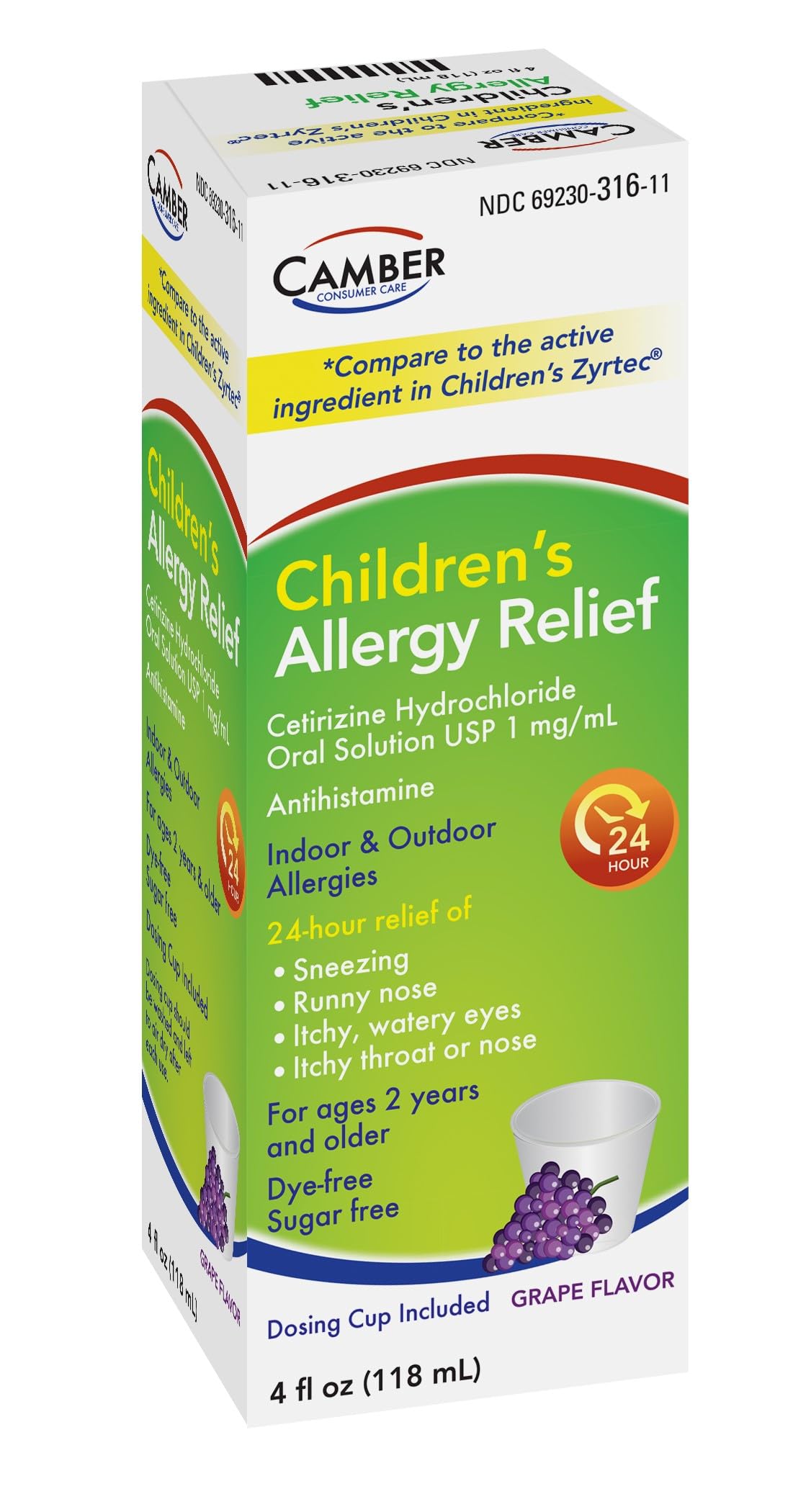 CAMBER PHARMACEUTICALS, INC Children's Cetirizine Oral Solution Syrup Allergy Relief for Sneezing, Runny Nose, Itchy, Watery Eyes Grape Flavor | 2 yrs. & Older