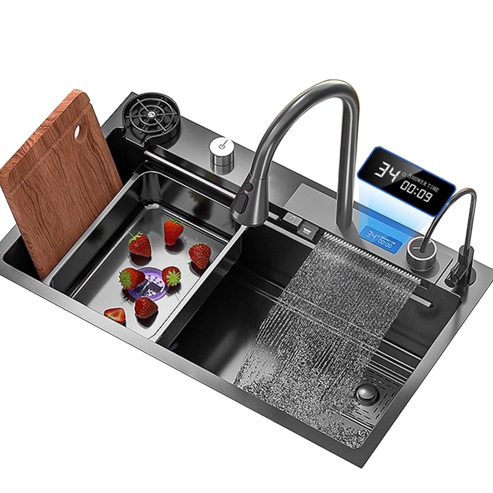 ZQFHSX Stainless Steel Sink Black Waterfall Faucet Kitchen Single Bowl With Cup Washer Accessories Included (Size : 80x45x22cm)
