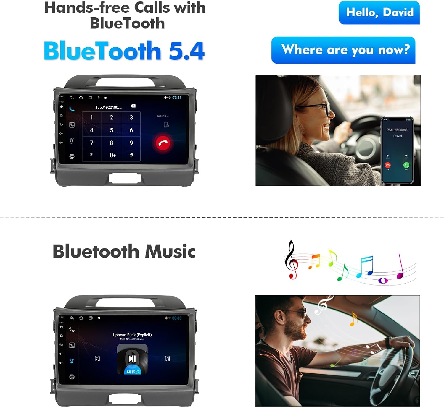Screenshots of hands-free calling and Bluetooth music playback on the car stereo