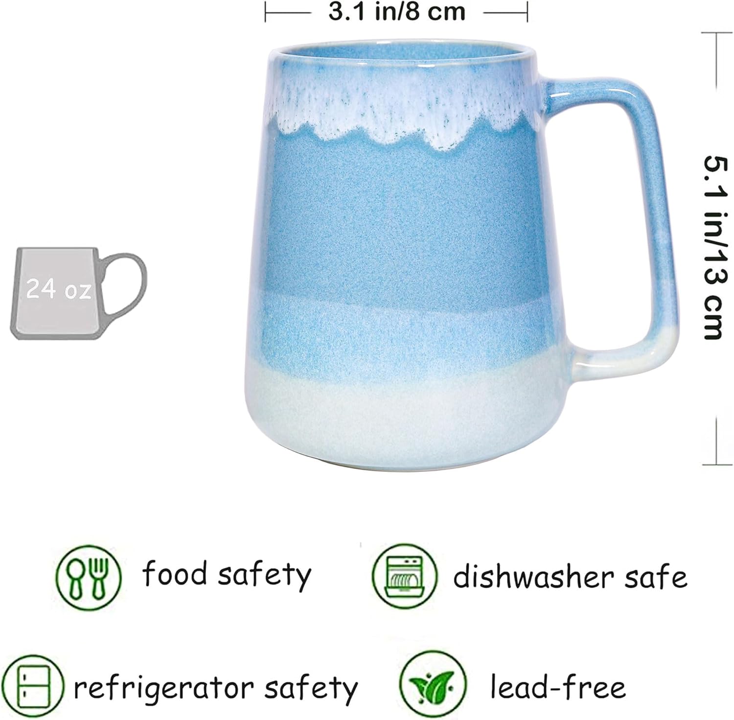 24 oz Ceramic Coffee Mug Large Milk Coffee Mug Tea Cup for Cocoa Cappuccino Latte Cereal Dishwasher Safe Microwave Safe (Light blue) - Image 2