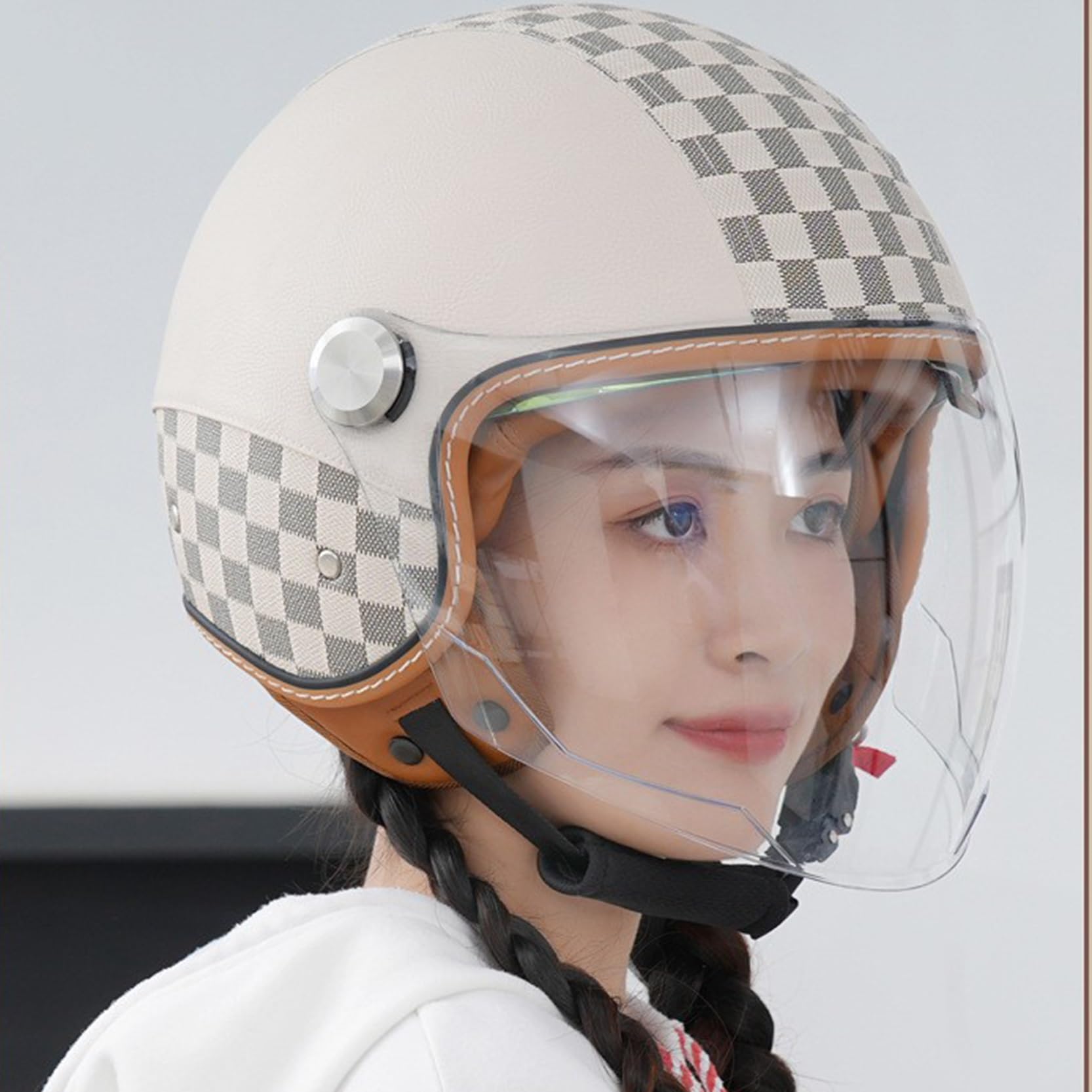 Casco de Moto Retro for Hombre y Mujer, de Cuero, con Doble Visera, Abierto 3/4, certificación ECE/Dot, Forro Desmontable.