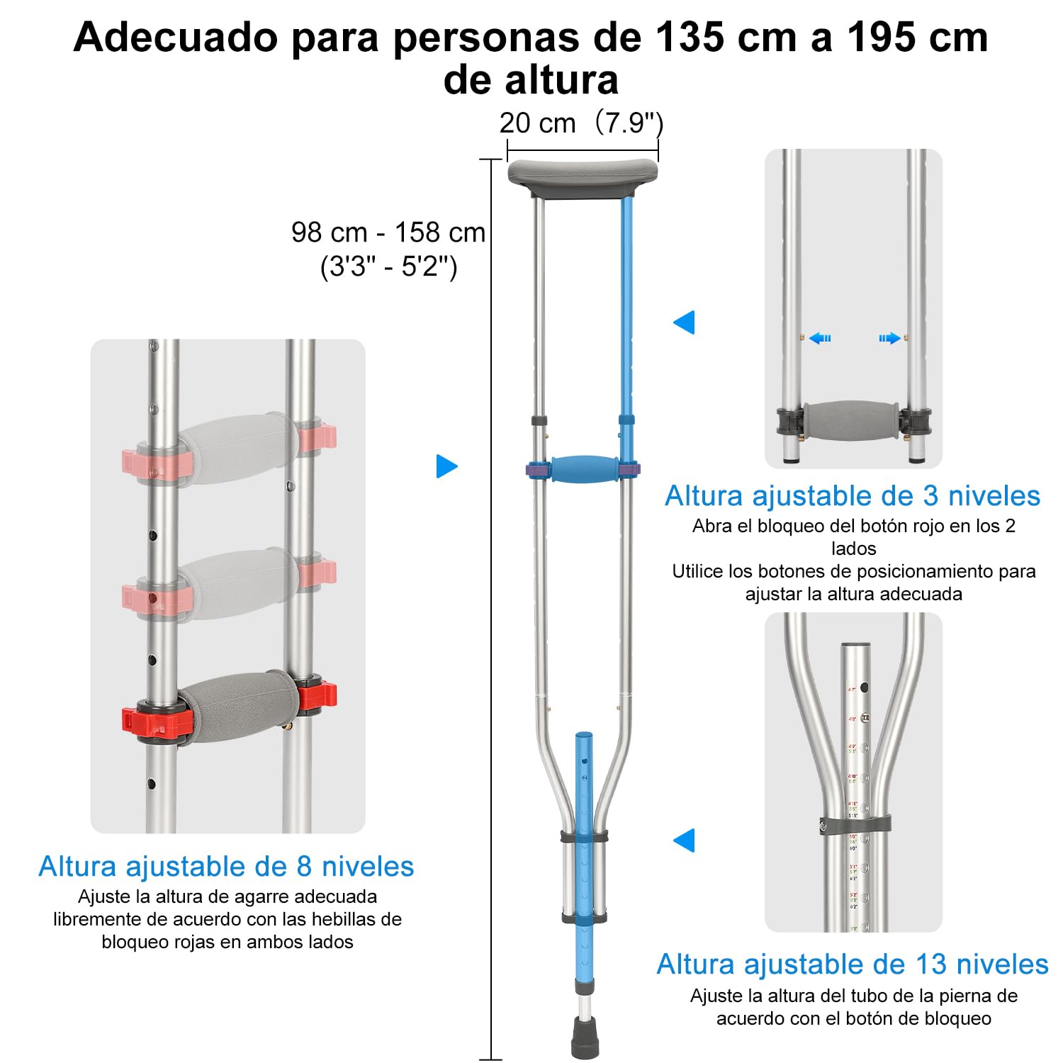 supregear Axila Muletas, 1 Par Ligero Aluminio Universal Muletas para Mayores, Adultos y Adolescentes Ajustable Muletas con Suave Axila y Mano Apretón Almohadilla para Caminar