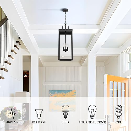 Miniatura 3 de Lámpara colgante grande para exteriores para porche delantero, lámpara colgante de 28 pulgadas con 4 luces negras con vidrio transparente, lámpara
