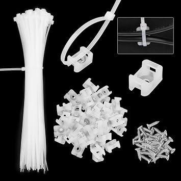 100Pack Saddle Type Cable Zip Tie Mounts Base Kit with 100Pcs 7.5Inch Nylon Cable Ties and 100Pcs Screws,Wire Clips Organizer,Cable Management Clamps for Wall,Desk,Baseboard White