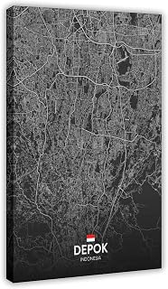CFIOZYOS Black And White Map Depok ID Poster Retro Style Black City Outline Map Office Canvas Print Wall Art Decoration Painting Frame 16x24inch(40x60cm)