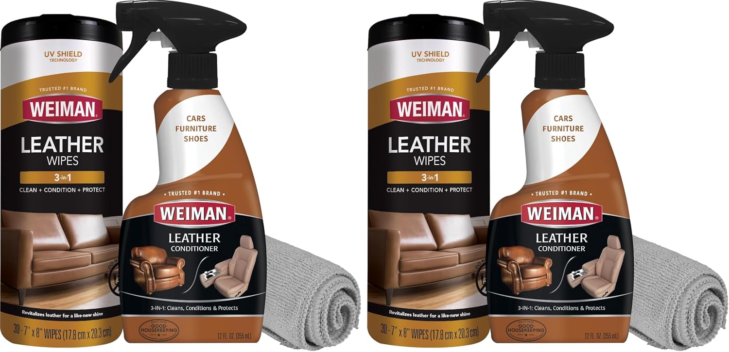 Weiman Leather Cleaner & Conditioner Care Kit | Restores Leather Surfaces | Ultra Violet Protectants Help Prevent Cracking or Fading of Leather Furniture, Car Seats, Shoes (Pack of 2)