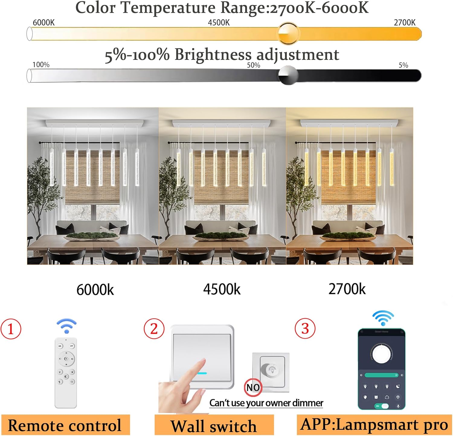Modern LED Dimmable Crystal Column Chandelier Living Room Rectangular Crystal Chandelier Pendant Light for Dining Room Adjustable Height 8-Light Silver