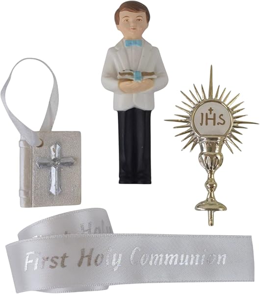 First Holy Communion Cake Topper Set – Boy Figurine, Bible, Chalice/Monstance & Silver Ribbon (1m) – Religious Cake Decoration - 1