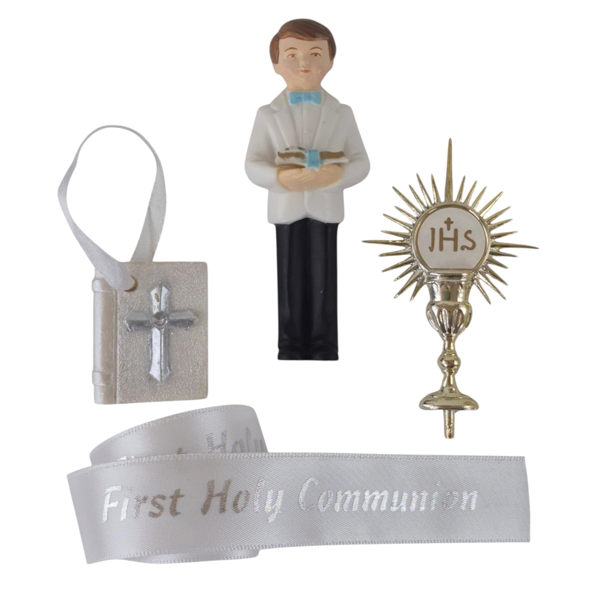 First Holy Communion Cake Topper Set – Boy Figurine, Bible, Chalice/Monstance & Silver Ribbon (1m) – Religious Cake Decoration
