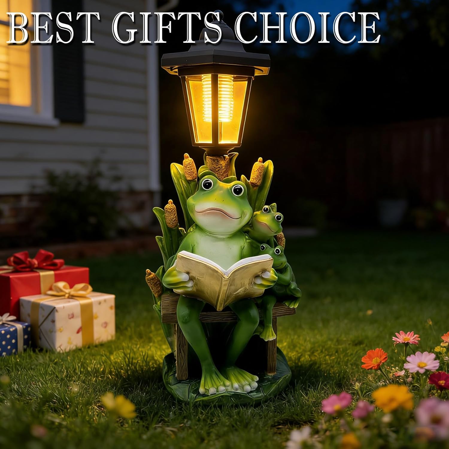 Solar Frog Garden Statue for Outdoor Decor with Lantern - Lawn Decoration 16“ Tall Frog Figurine Lights for Patio, Yard, Porch Ornament - Valentine's Day Gifts for Mom, Grandma, Women