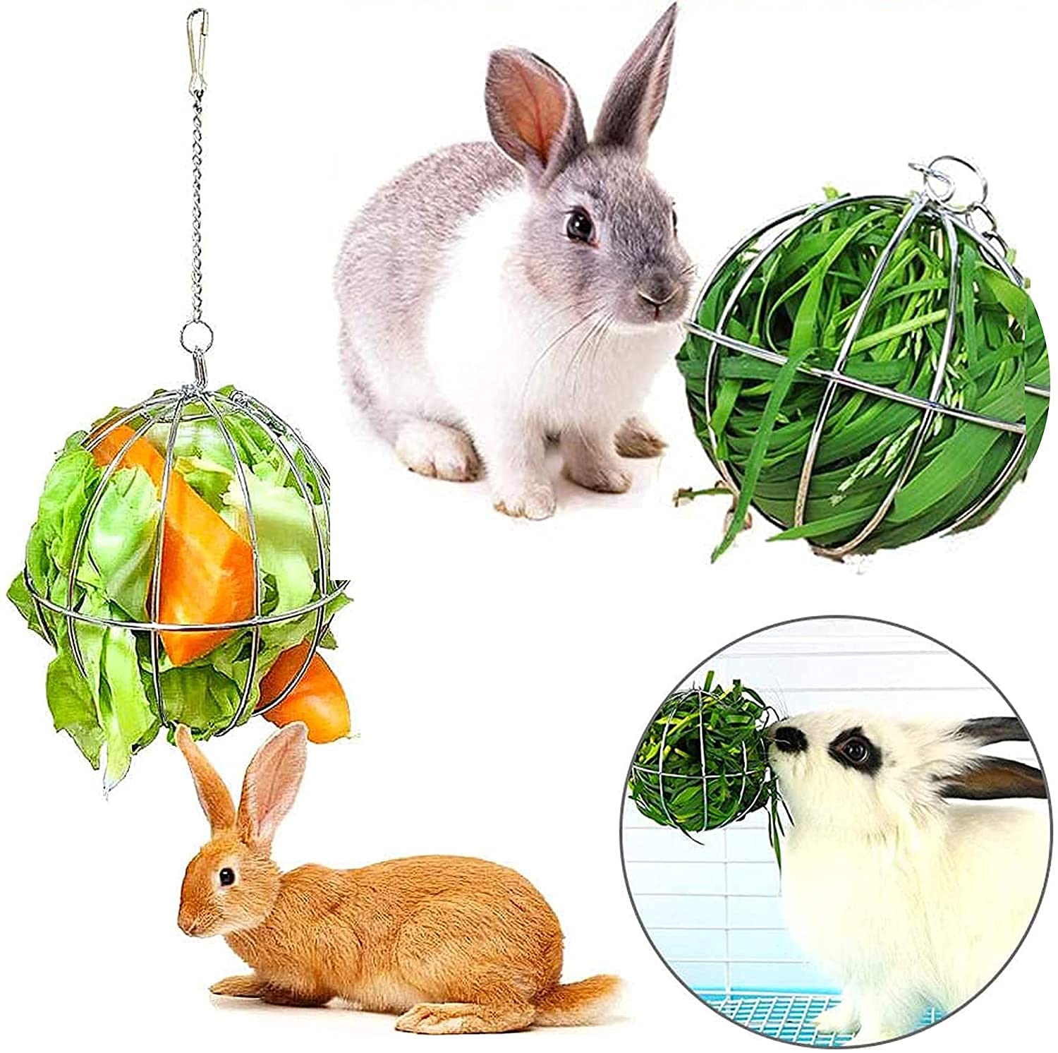 Bolas De Heno Para Conejos Y Animales Pequeños - Pack De 4, De Acero Inoxidable, Con Cadena Para Colgar