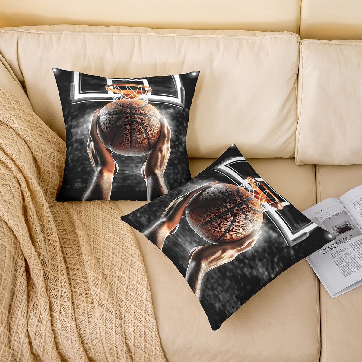 jejeloiu Kids Basketball Throw Pillow Covers 16"x16" Soft Funny Gaming Sports Pillow Cases Cushion Covers Basketball Player Gift for Basketball Lover Throw Pillowcases Brown Cushion Cases image 2