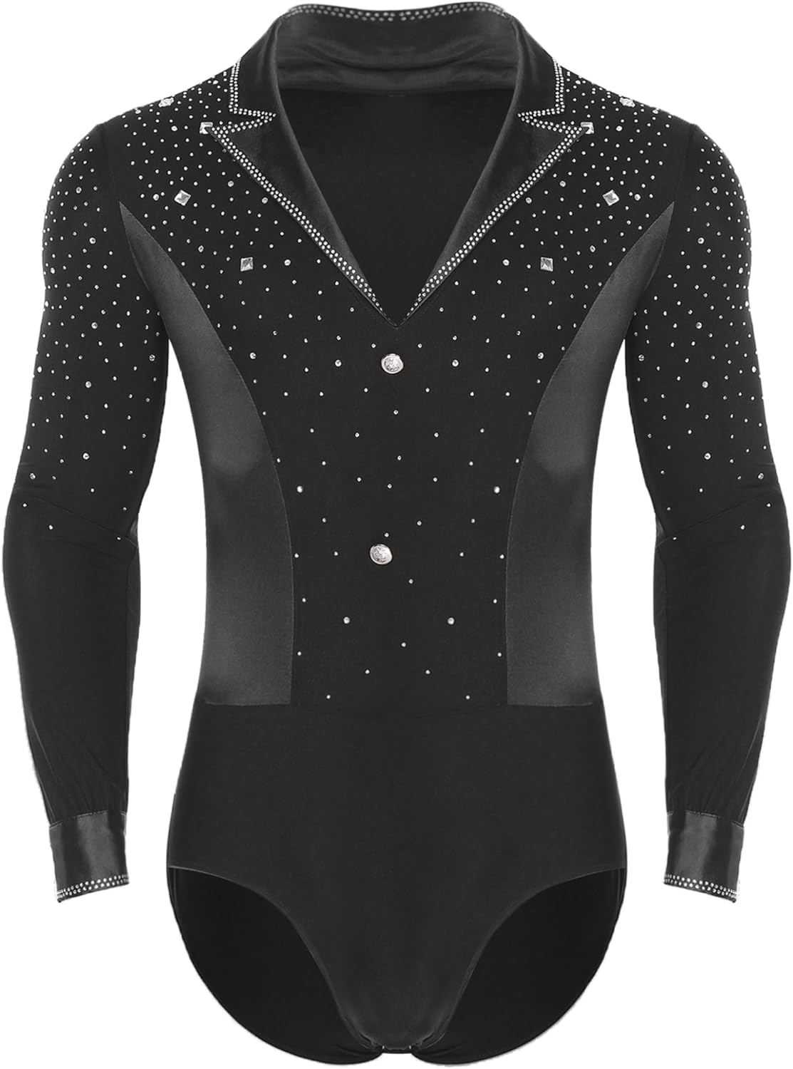 Men Long Sleeve Glittery Rhinestone Latin Ballroom Dance Shirts Lapel V Neck Chacha Rumba Samba Bodysuit