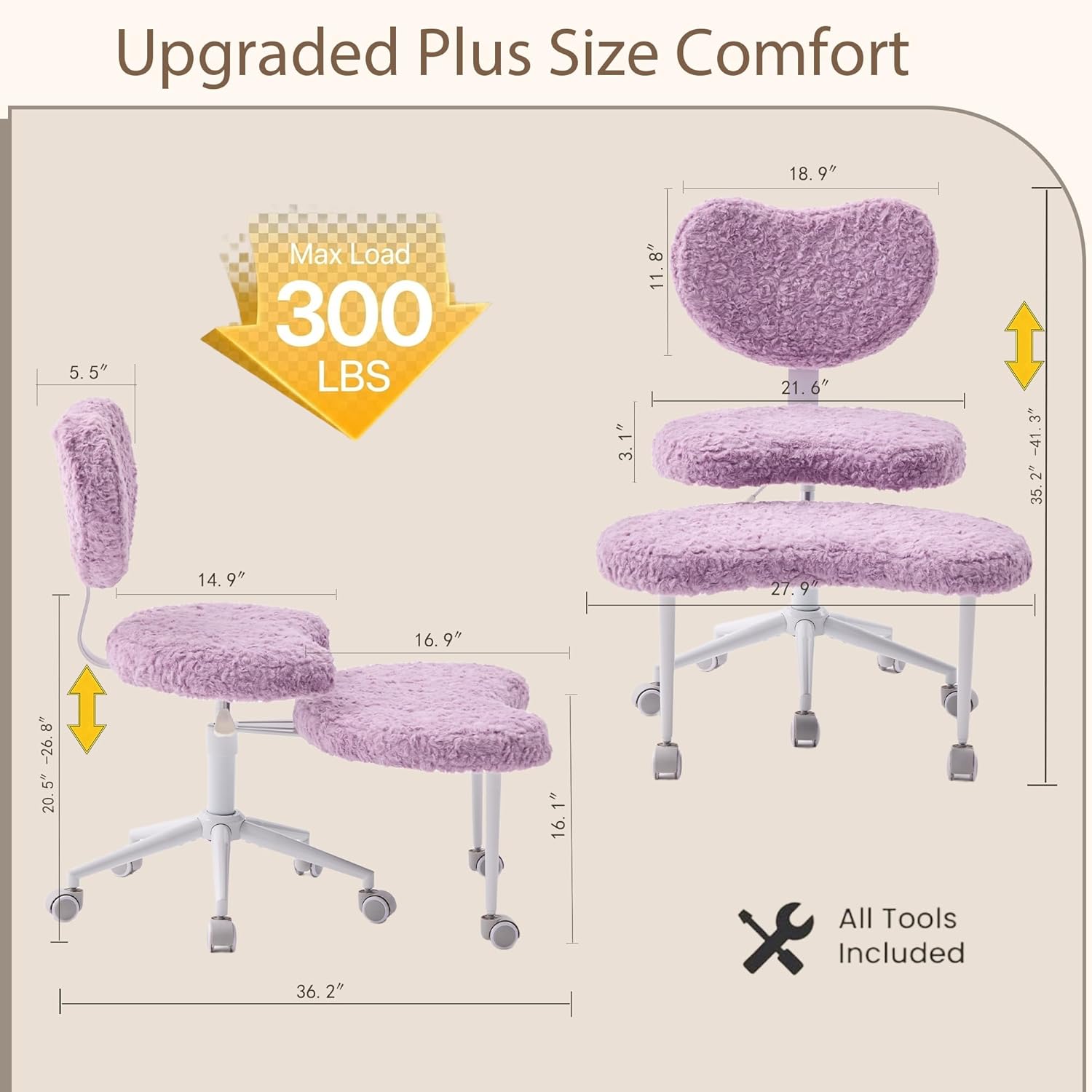 Cross Legged Chair with Footrest, Plus Size Criss Cross ADHD Office Chair,Purple Office Chair,Armless Swivel Desk Chair with Wheels, Active Sitting for Home Office