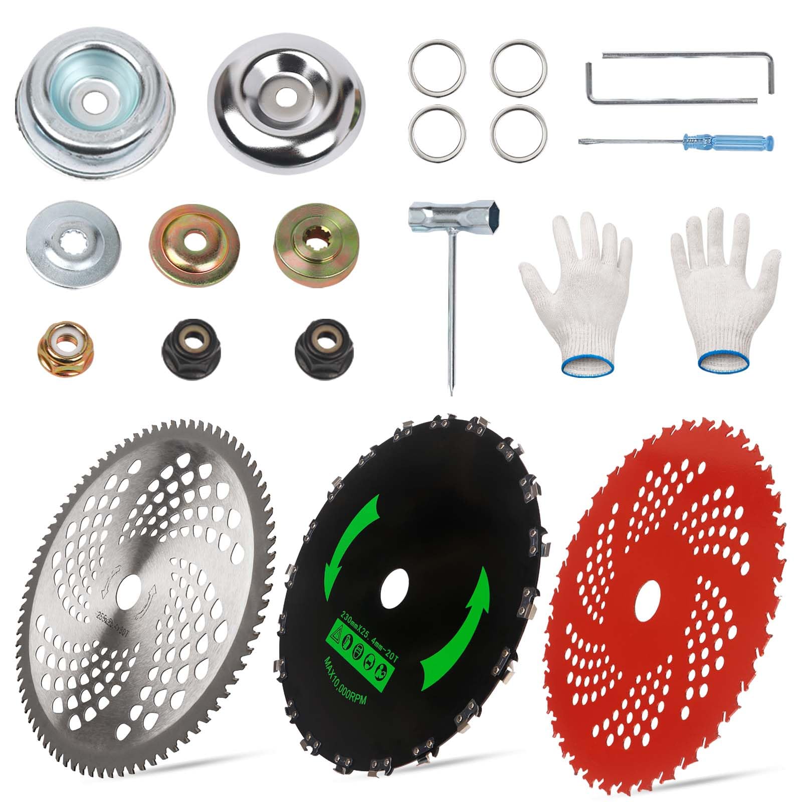 Lame rotonde per motosega in acciaio al carbonio, 22,9 cm x 20 denti, lame con punta in carburo da 22,9 cm x 36 denti e lame per decespugliatore da 25,4 cm x 80T, con kit adattatore universale,