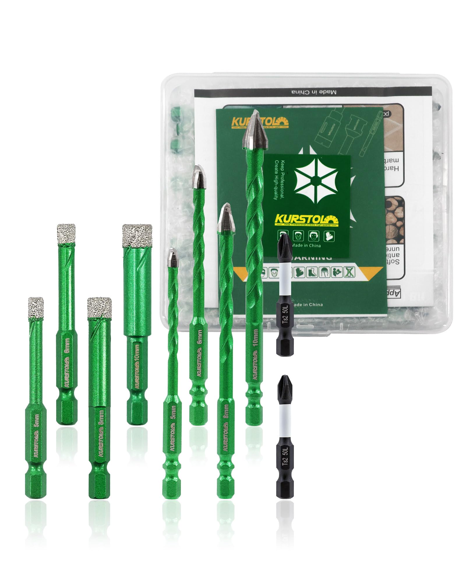 KURSTOL Diamond Drill Bit Set 10pcs, 5/6/8/10mm Porcelain Tile Drill Bit with 2pcs PH2 Screwdriver Bit Quick Change Shank for Ceramic Tile Wood Plastic Masonry Concrete Glass