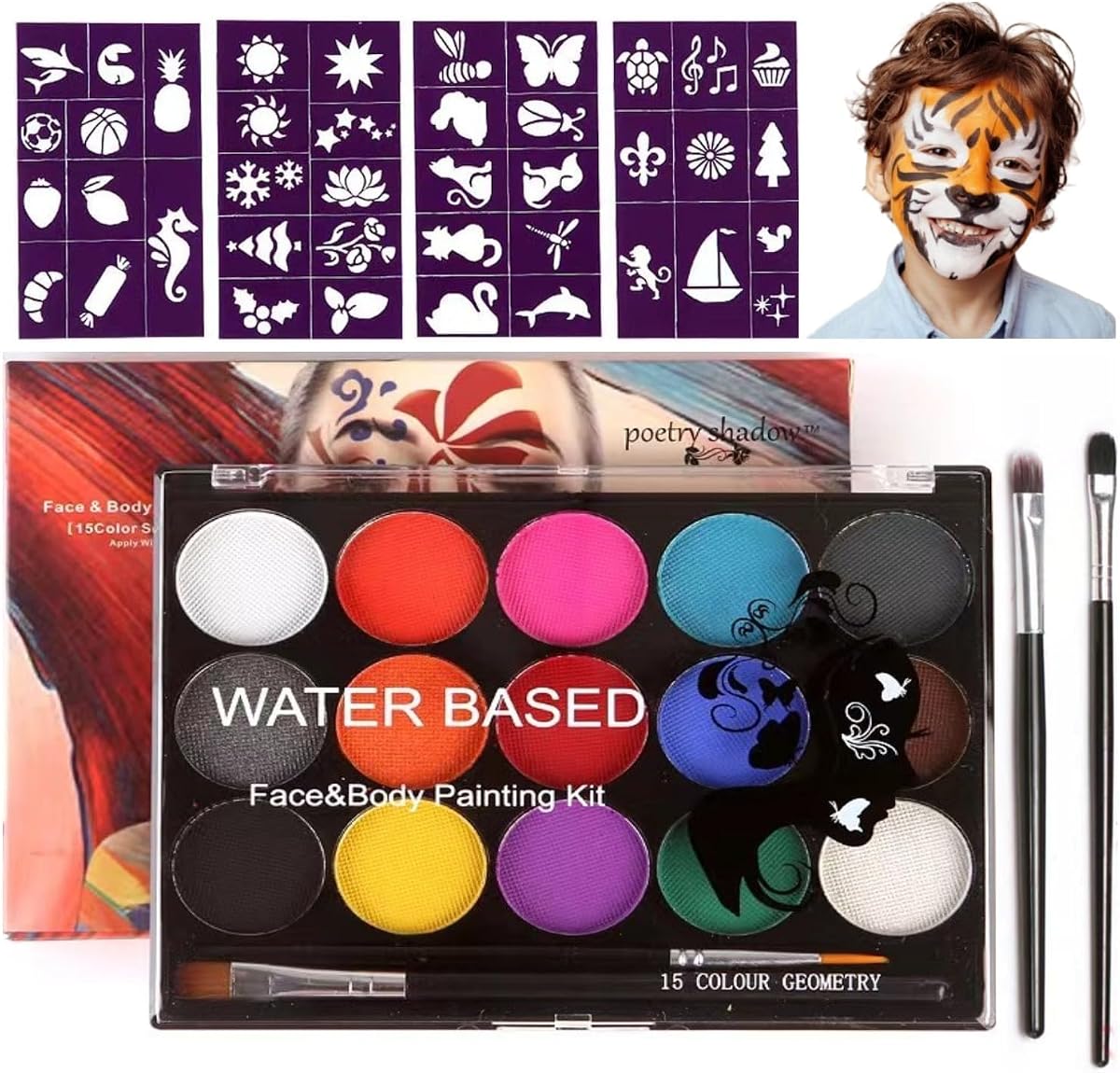 Face Painting Kit for Kids - 15 Color Large Water Based Makeup Paints with Stencils, 2 Brushes, Halloween Makeup Kit, Safe Professional Body & Face paint Kit