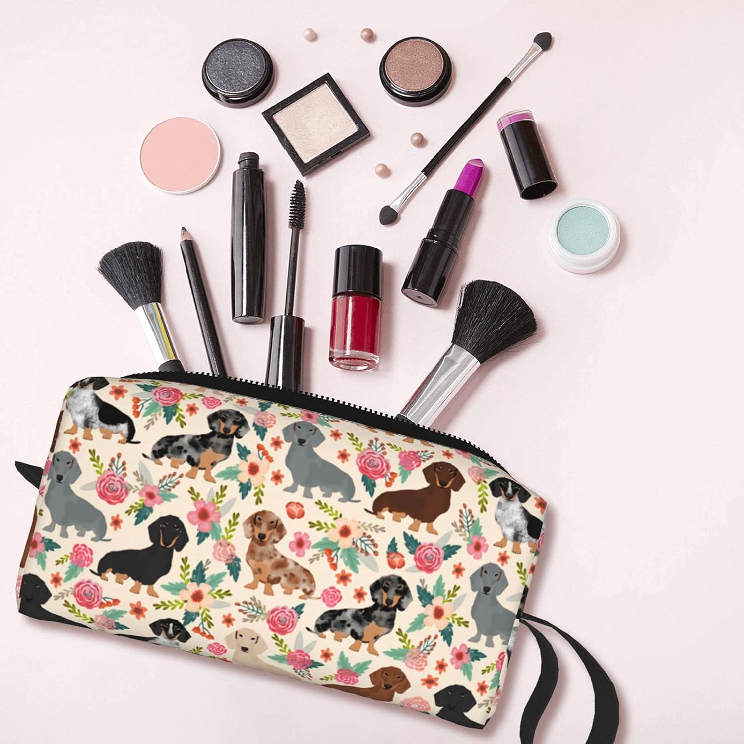 Floral Dachshund Makeup Bag Adorable Travel Cosmetic Toiletry Organizer Case For Women - Image 6
