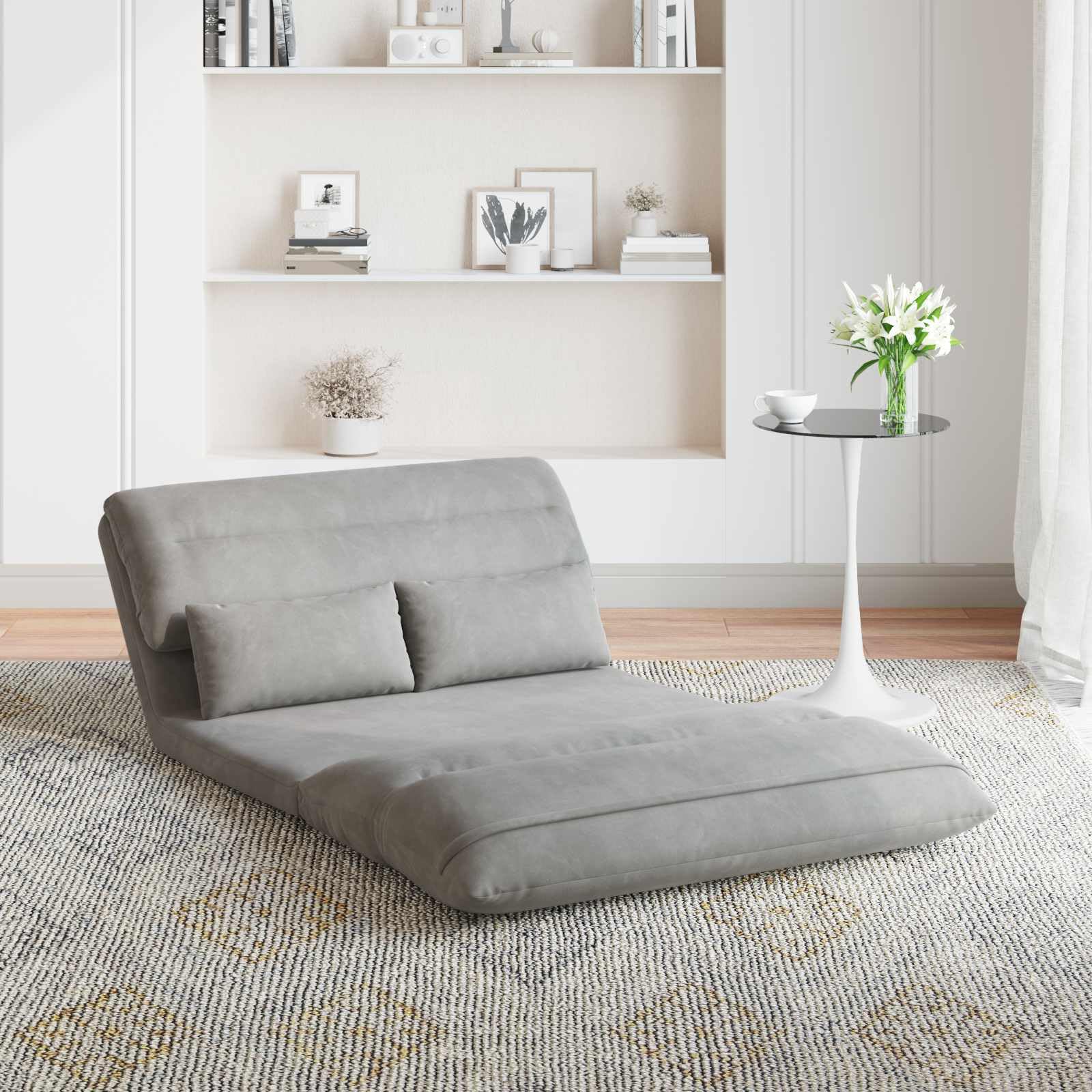 Regulowany fotel na nogi, jasnoszary, aksamit z oparciem wielopozycyjnym, 110 x 82 x 55 cm, wyściełany, składany, ergonomiczny, idealny do salonu, sypialni, gier, medytacji i czytania