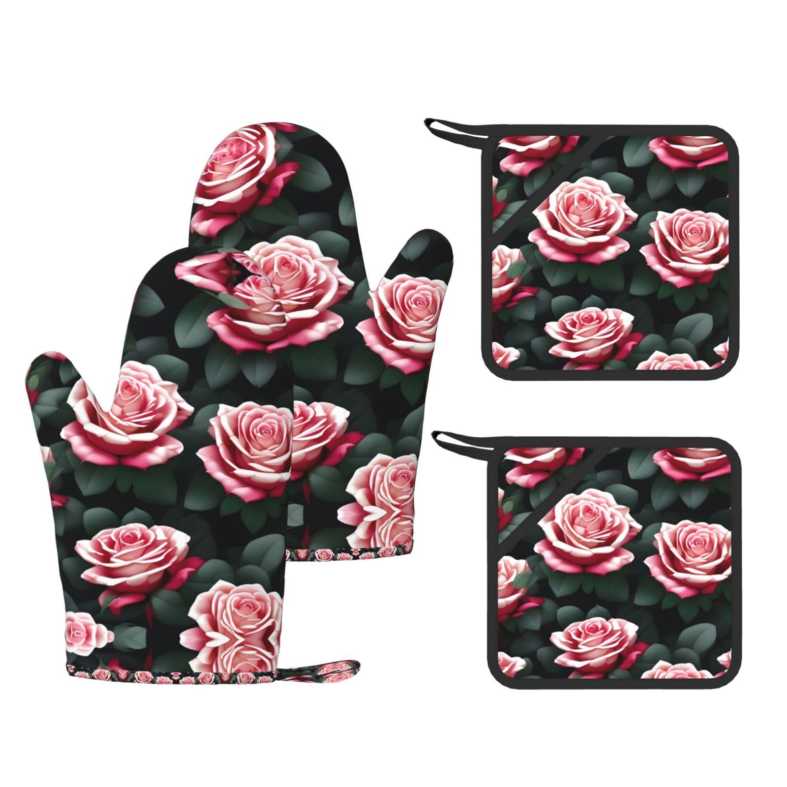 Rose flower of many fans Printed Pot Holders and Oven Mitts 4-Piece, Non-Slip Kitchen Gloves with Utensil Pocket for BBQ