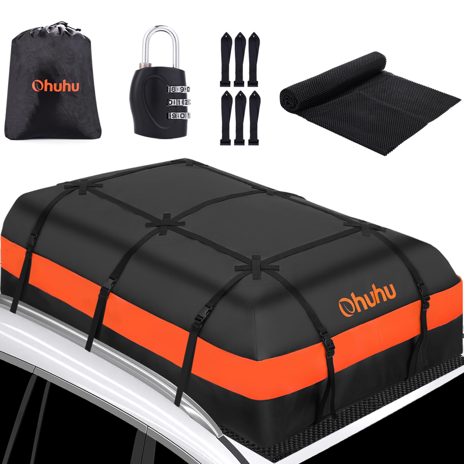 Ohuhu Coffre de Toit 21 Pieds Cubes – Sac de Toit Étanche pour Voiture avec Tapis Anti-Dérapant, Porte-Bagages Souple 840D pour Tous Véhicules avec/sans Barres de Toit
