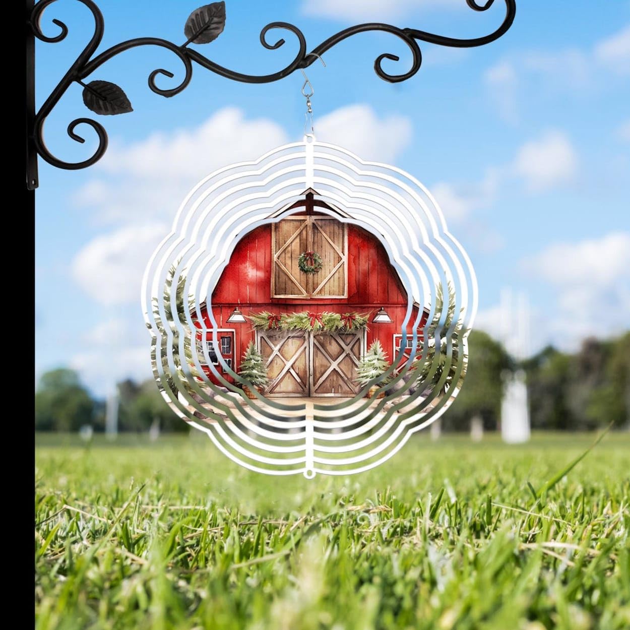 Red Barn Farmhouse Christmas Wind Spinners 3D Stainless Steel Laser Cut Metal Double Sided Printing-Hanging Indoor/Outdoor Decorations Yard Gardening Decor,Metal Kinetic Art 16x16 inches