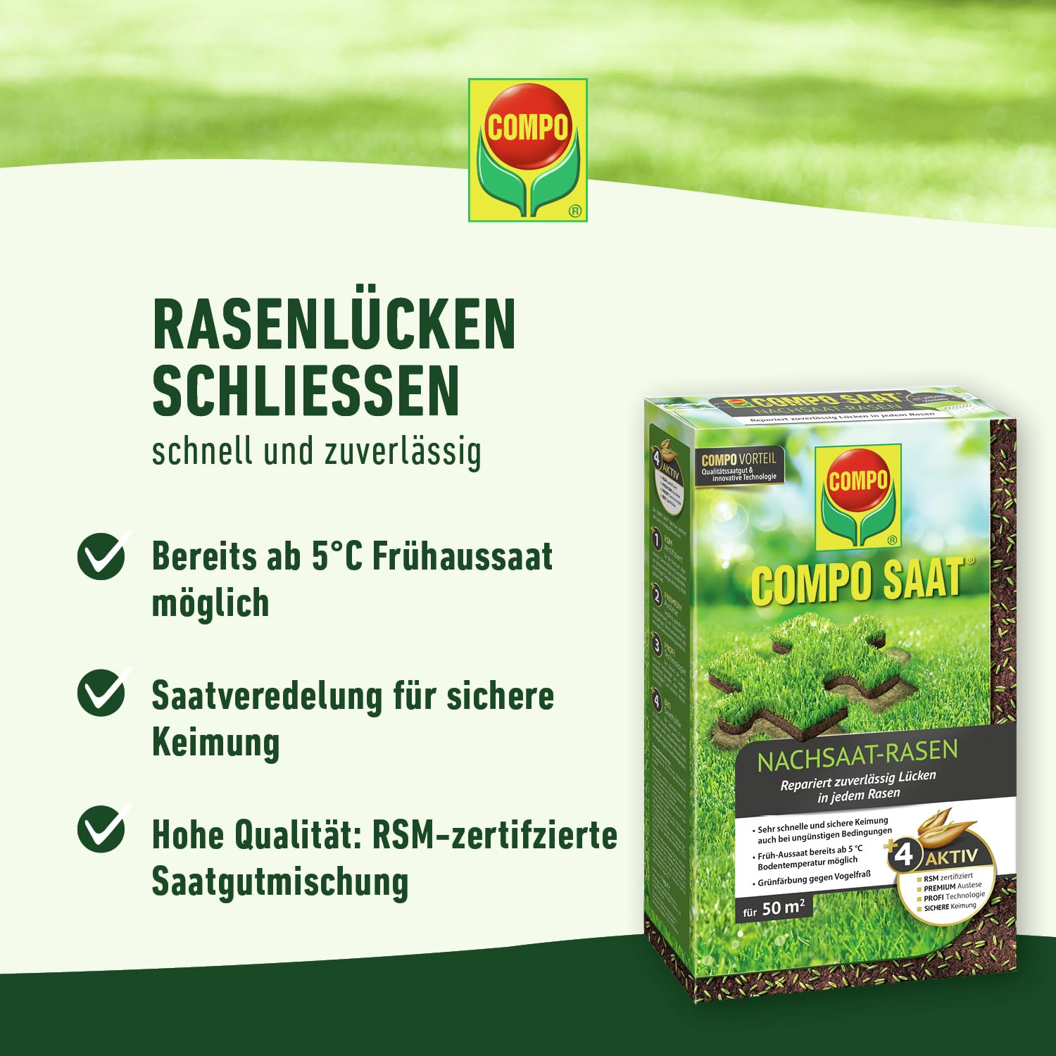 COMPO SAAT Nachsaat-Rasen - für Lücken und kahle Stellen - zuverlässiger Nachsaatrasen - hochwertige Saatgutmischung mit Premium-Mantelsaat - 2 kg für 100 m²