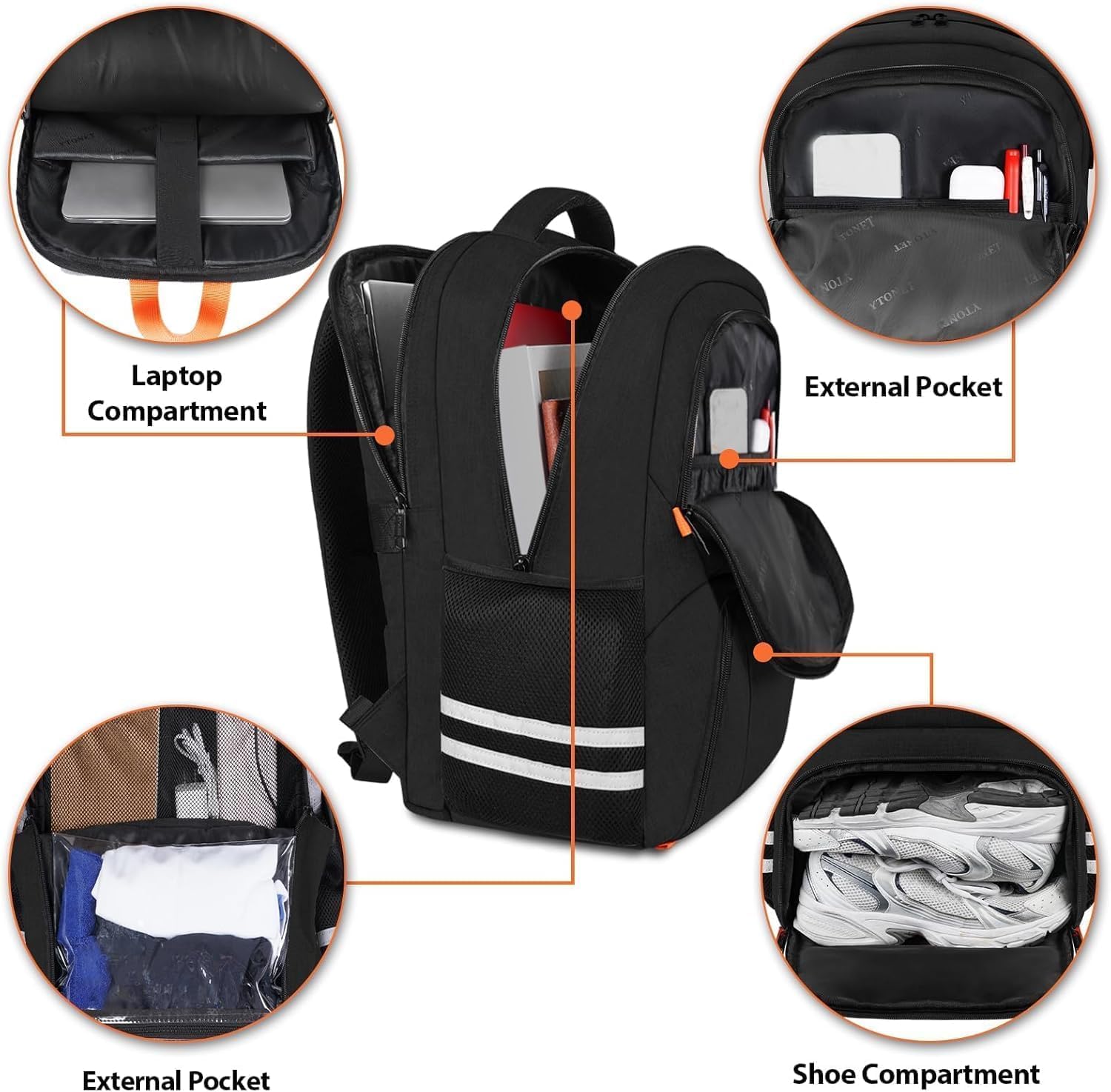Ytonet Gym Backpack For Men Women, Travel Sports Backpack With Shoe Compartment, Large Workout Water Resistant College Bag Fit 17.3 Inch Laptop, Hiking, Black