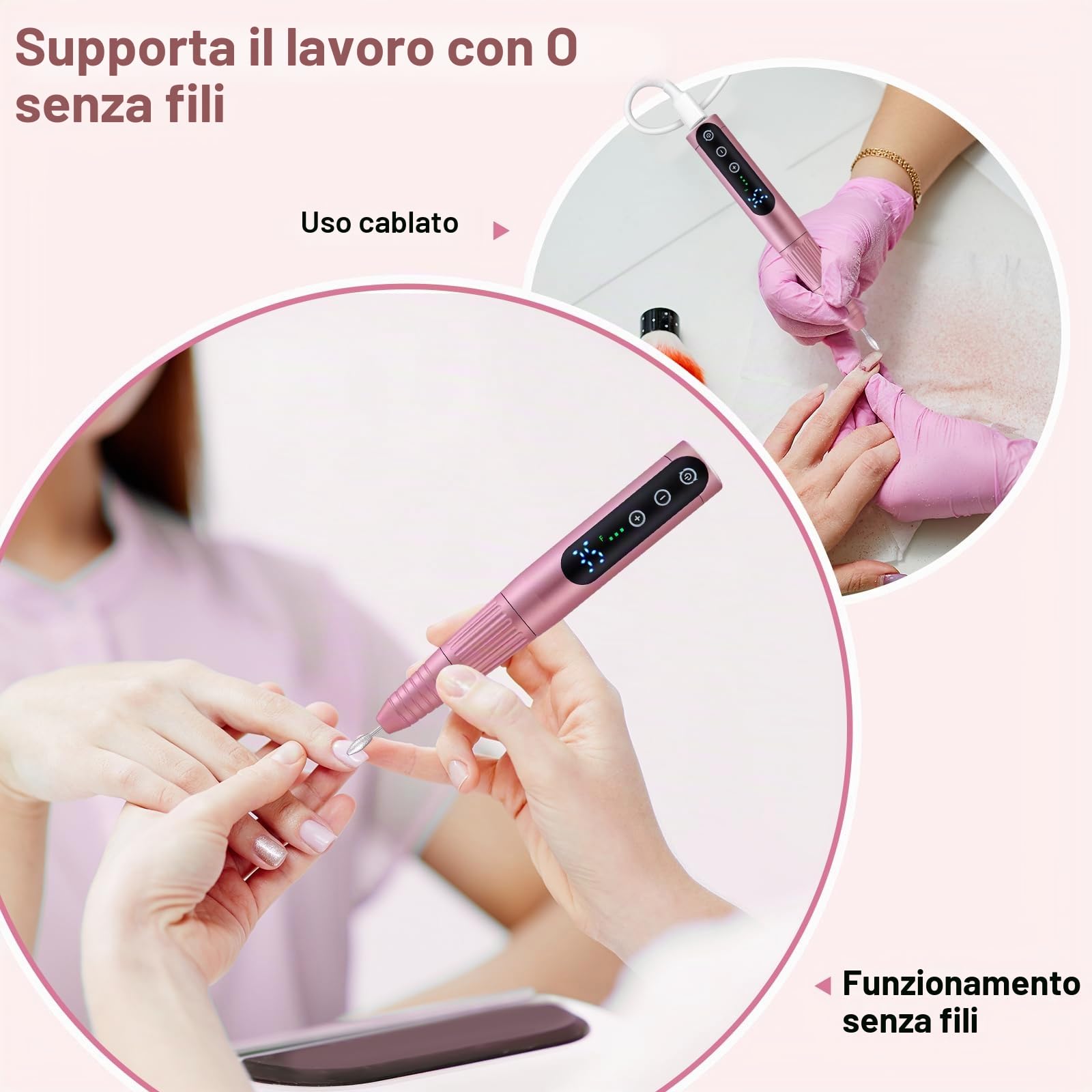 Fresa per Unghie,Fresa Elettrica Ricaricabile Senza Fili a 35000 Giri al Minuto,Lime per Unghie Elettriche in Gel Acrilico Professionali per Manicure e Pedicure,Per Viaggi a Casa o in Salone (Rosa)