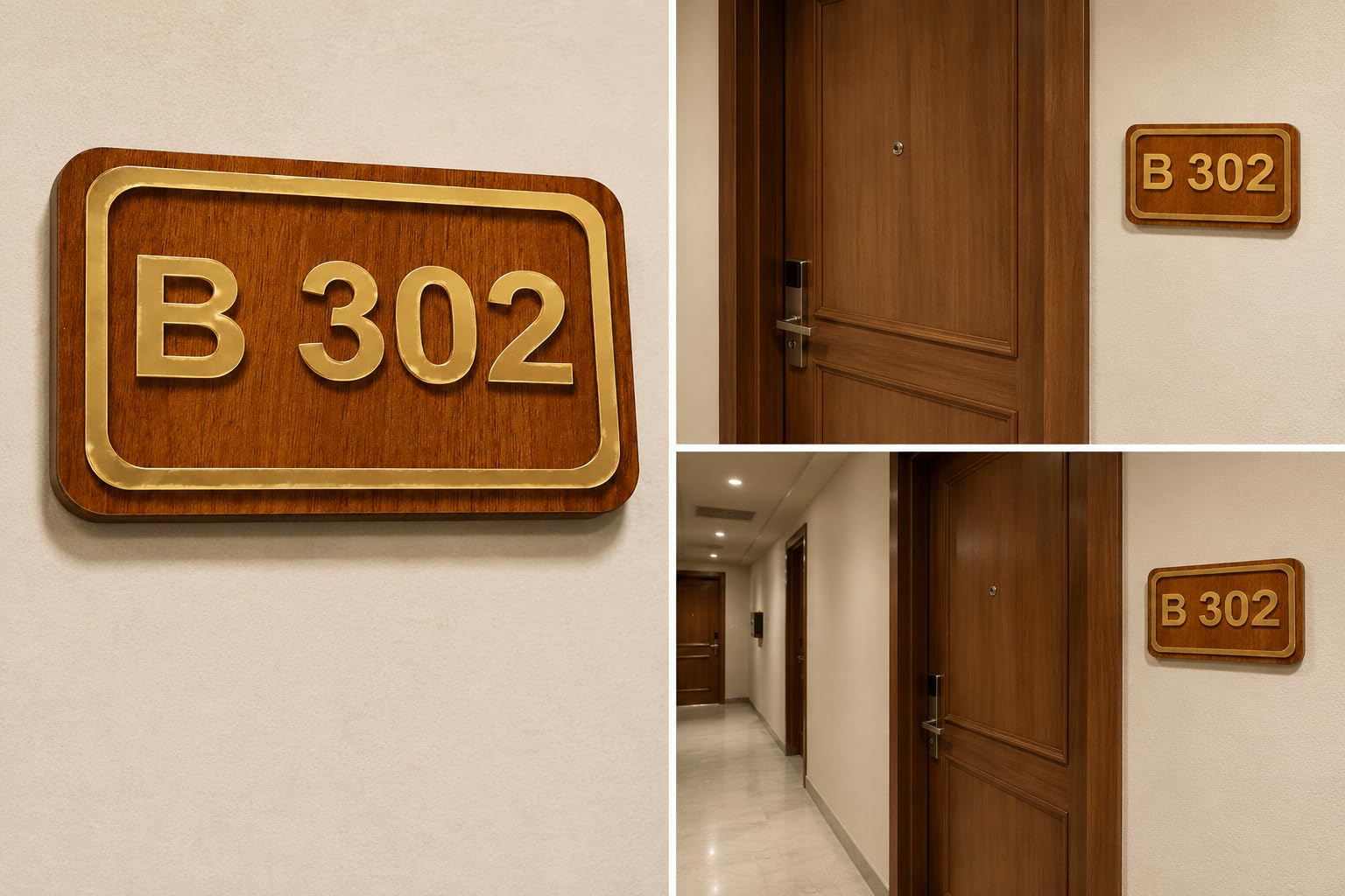 Modern Acrylic Door Number Plate for Home | Wooden Base with Gold Mirror Acrylic | Customized House Number Sign for Flats, Offices & Apartments | Brown & Gold Premium Name Plate (Brown & Gold) — Amazon image 2