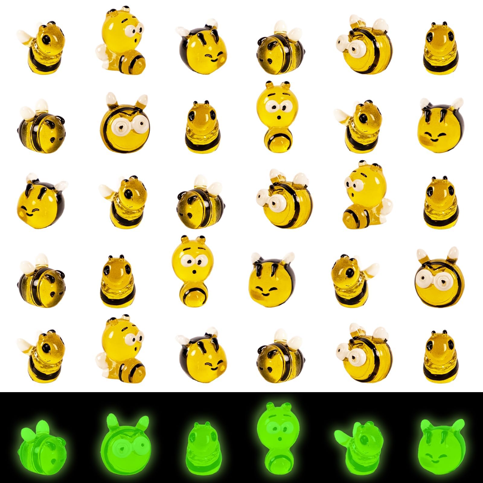 30pcs Mini Resin Bees Tiny Figures Glow in the Dark Tiny Craft Bees for Aquariums Dollhouses Garden Landscape Birthday Party Table Decoration