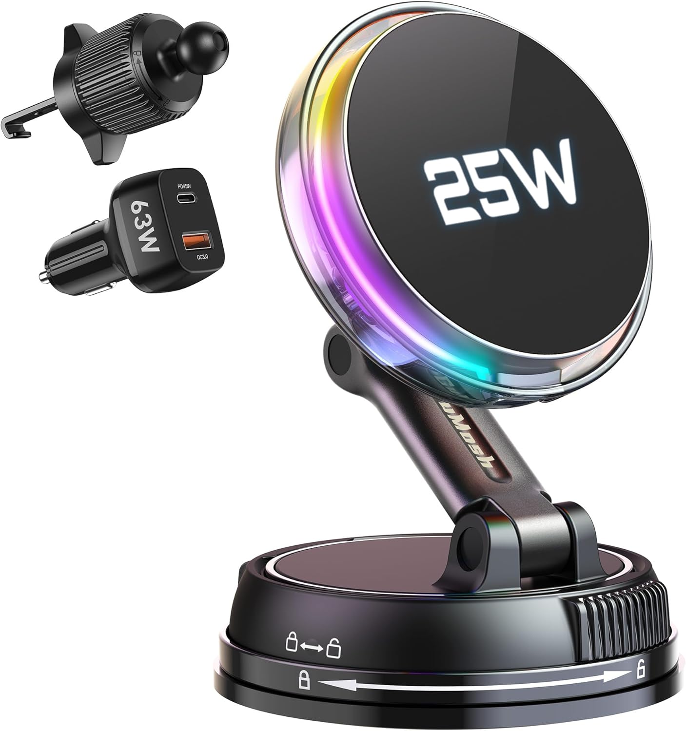 Qi2.2 25W MagSafe Car Mount Charger, [Phone Cooling Fan＆RGB Lights] Wireless Car Charger with 78+LBS Vacuum Suction, 360°Rotatable Magnetic Car Phone Holder with 63w Adaper for iPhone 17-12 Series