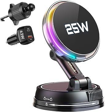 Qi2.2 25W MagSafe Car Mount Charger, [Phone Cooling Fan&RGB Lights] Wireless Car Charger with 78+LBS Vacuum Suction, 360Rotatable Magnetic Car Phone Holder with 63w Adaper for iPhone 17-12 Series