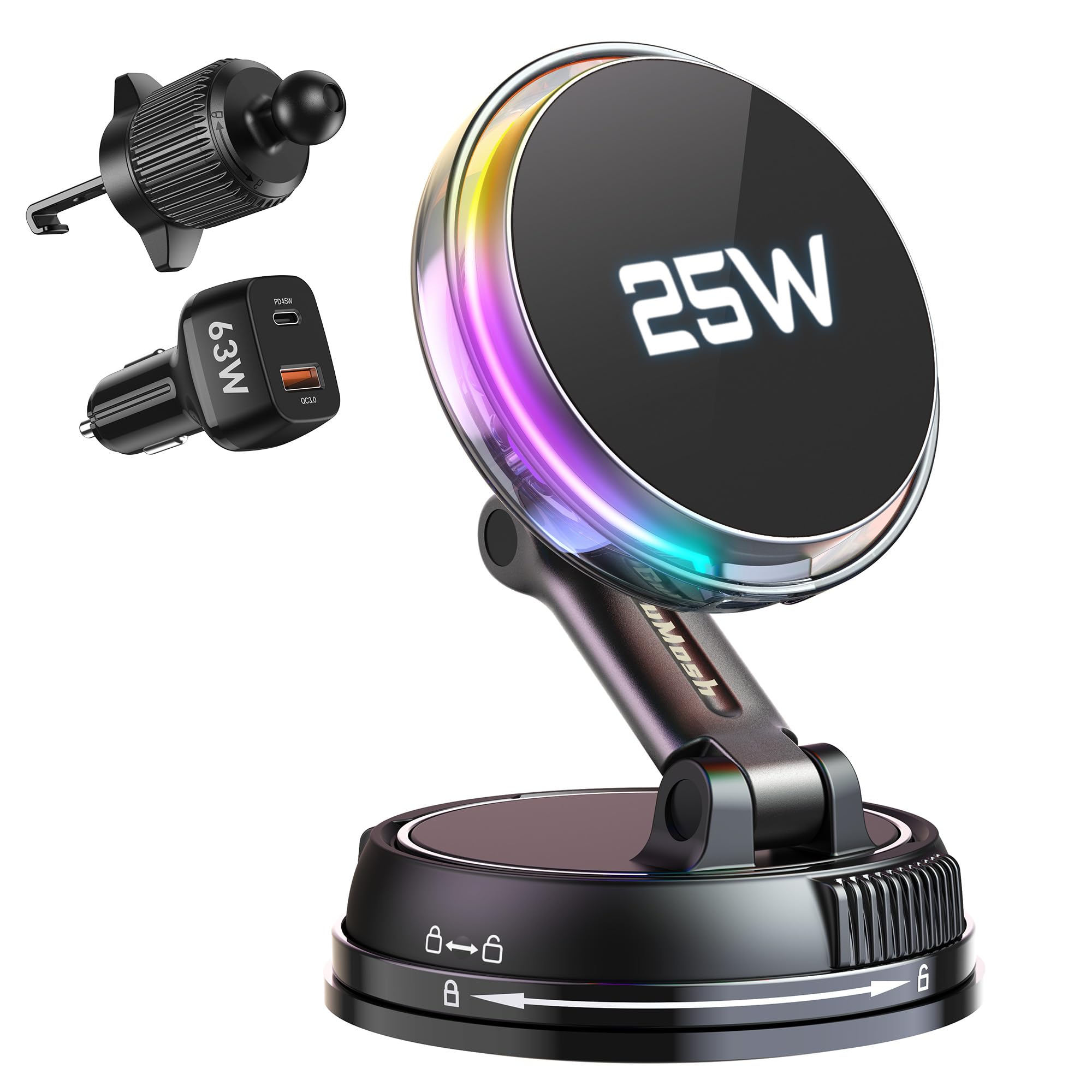 Qi2.2 - Caricatore da auto MagSafe da 25 W, ventola di raffreddamento del telefono e luce RGB, caricabatterie wireless da auto con aspirazione a vuoto da 78+LBS, supporto magnetico girevole a