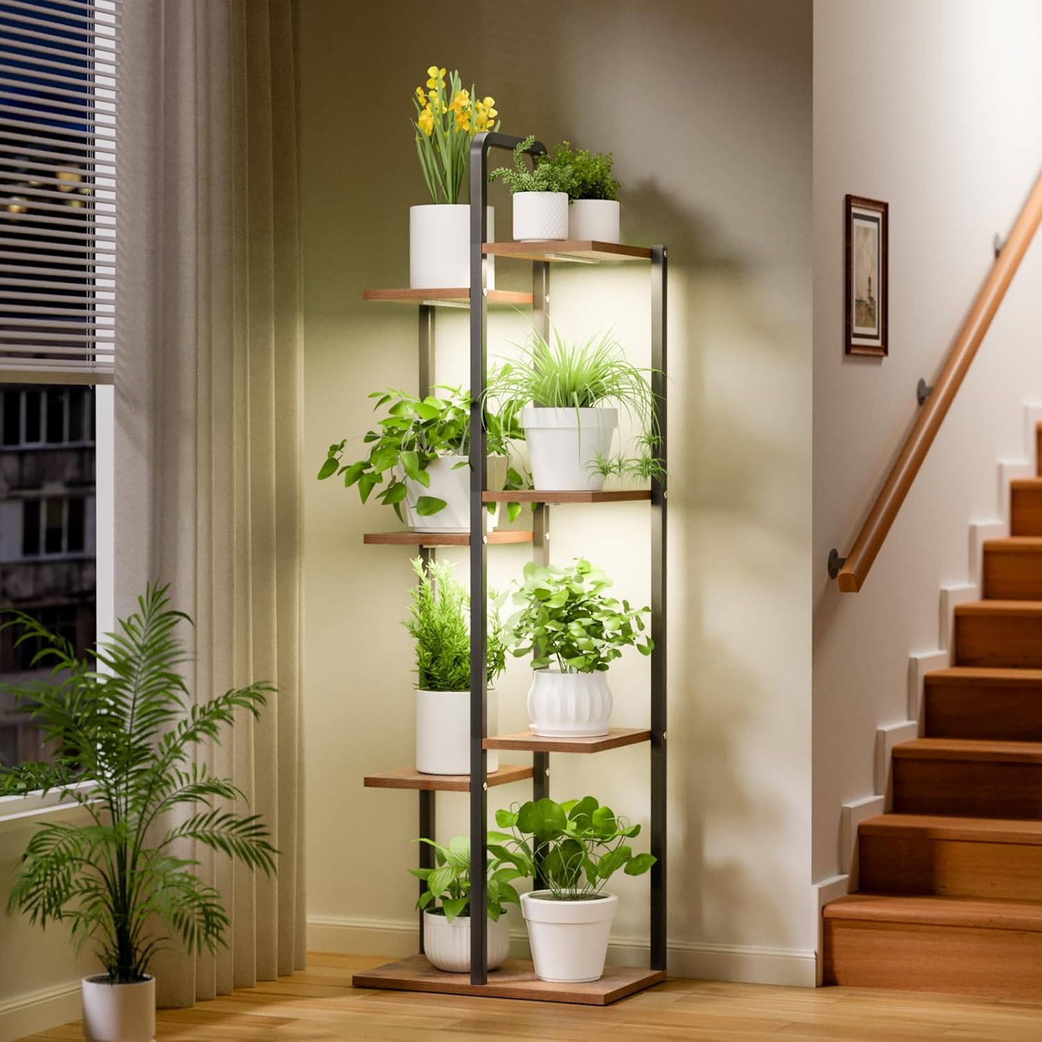 Plant Stand Indoor with Grow Lights - 50" Metal Flower Pot Stands for Multiple Plants - 7 Tiered Tall Plant Stands, Corner Plant Shelf for Living Room Home Gardening Decor (Black)