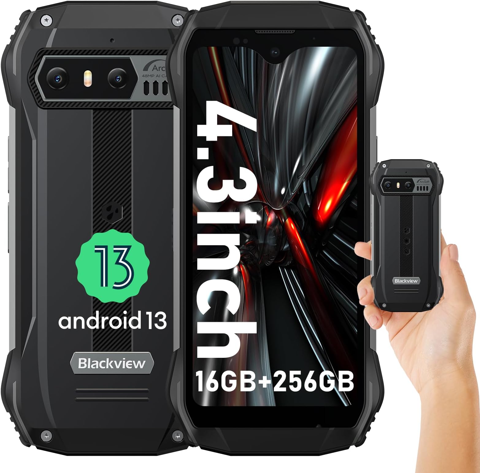 Phone BV4800, Android 13 4GB+32GB 2TB Expand Rugged Smartphone, 6.56" Incell Screen 5180mAh Rugged Phone, 4G T-Mobile Dual SIM Rugged Smartphone Unlocked, IP69K, 3 Card Slots/Face ID-Black