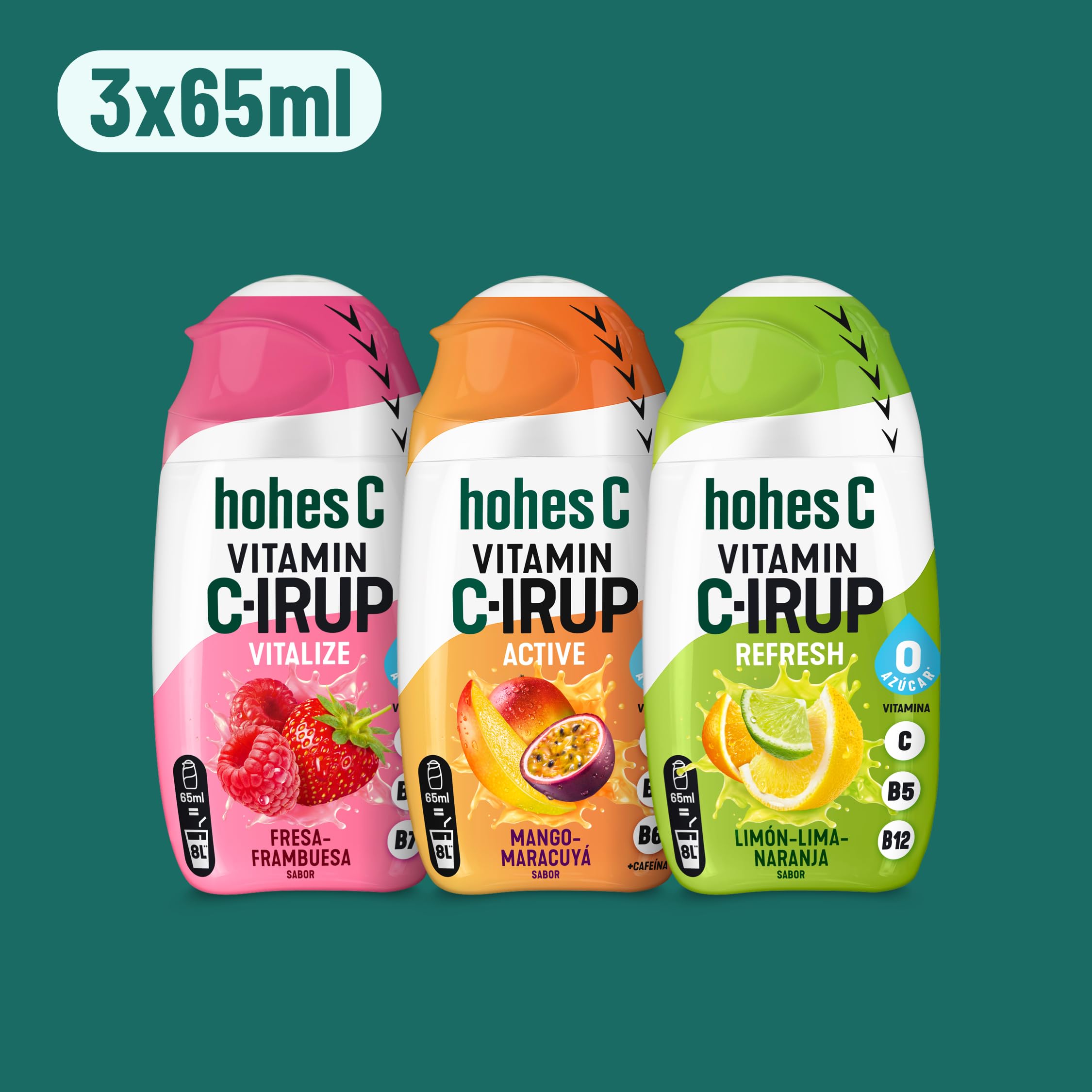 hohes C Vitamin C-IRUP Pack Mixto Active- Vitalize- Refresh, Sirope de Sabor a fruta sin Azúcar y enriquecido con vitaminas- 3 x 65 ml para aprox 24 litros