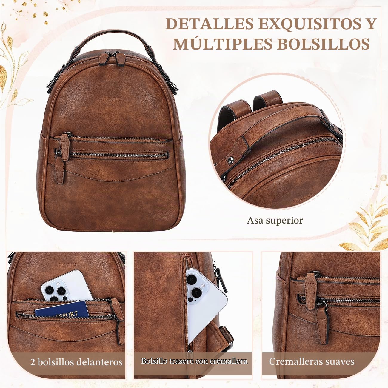 RAVUO Mochila Pequeña Mujer, Bolso Mochila de Cuero Pu Mini Mochila Casual Bolso de Bandolera Piel para Viaje Escolar