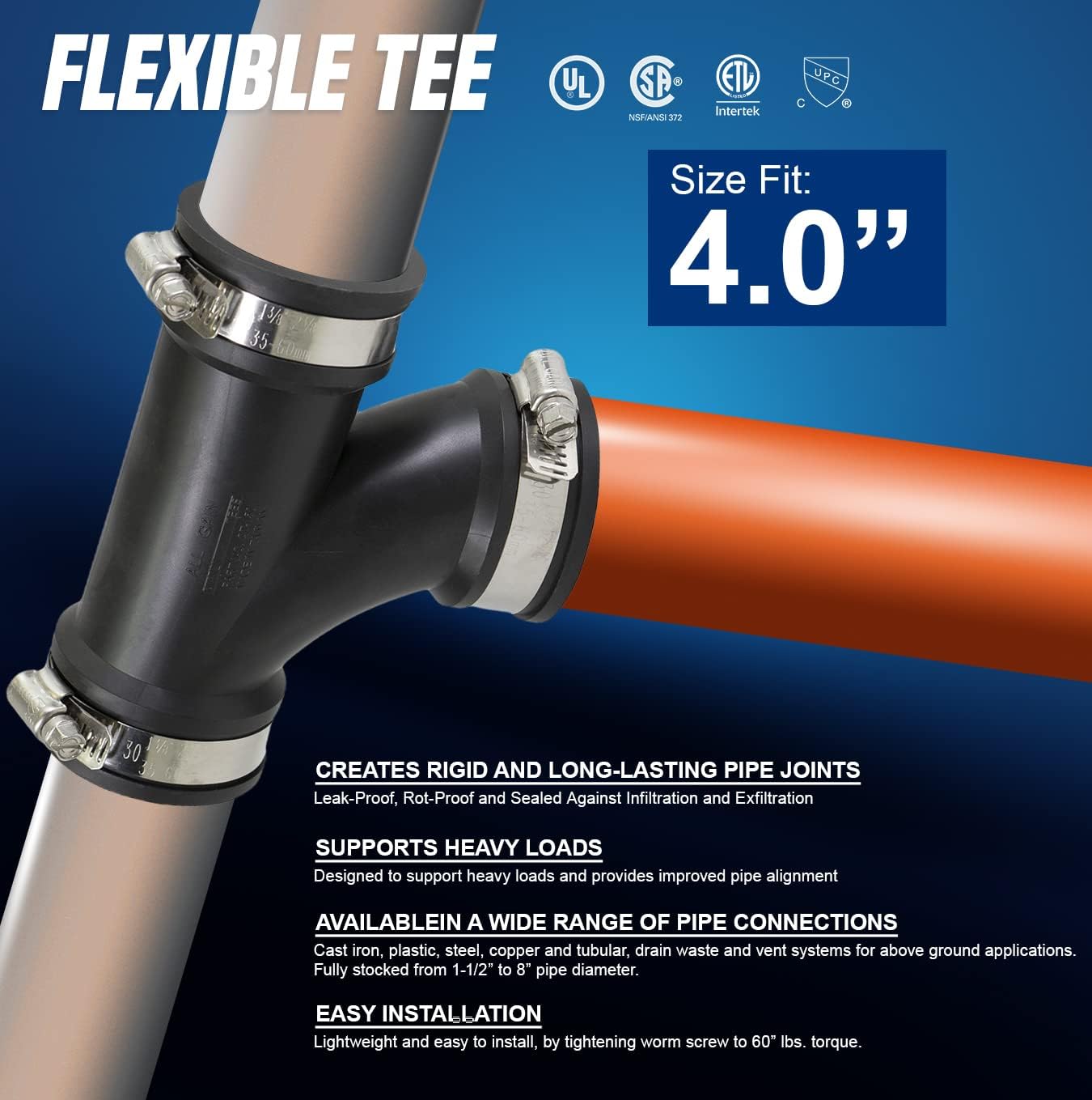 Supply Giant 6I7J Flexible Tee Coupling with Stainless Steel Clamps, 4.5" Inner Diameter for 4" Nominal Pipe, Black